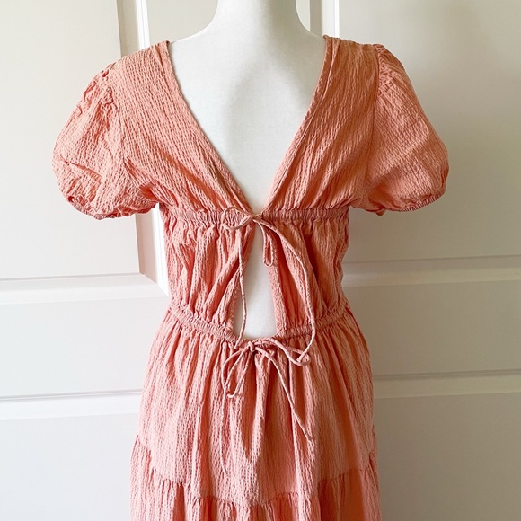 & Other Stories Tiered Puff Sleeve Open Back Cotton Midi Dress Size Large - Picture 13 of 15